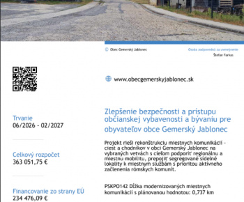 Projekty EÚ / Zlepšenie bezpečnosti a prístupu občianskej vybavenosti a bývaniu pre  obyvateľov obce Gemerský Jablonecý článok - foto