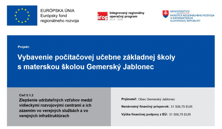 Vybavenie počítačovej učebne základnej školy s materskou školou