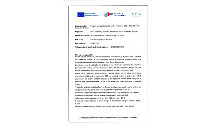 Podpora energetickej efektívnosti a využívania OZE v ZŠ s MŠ v obci