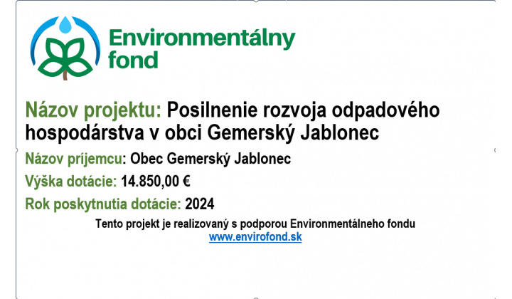 Informácia o podpore z Enviromentálneho fondu